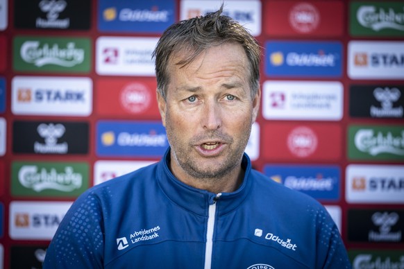 Denmark's National coach Kasper Hjulmand speaks to the press before the national team's training session in Elsinore, Denmark, Tuesday June 15, 2021.