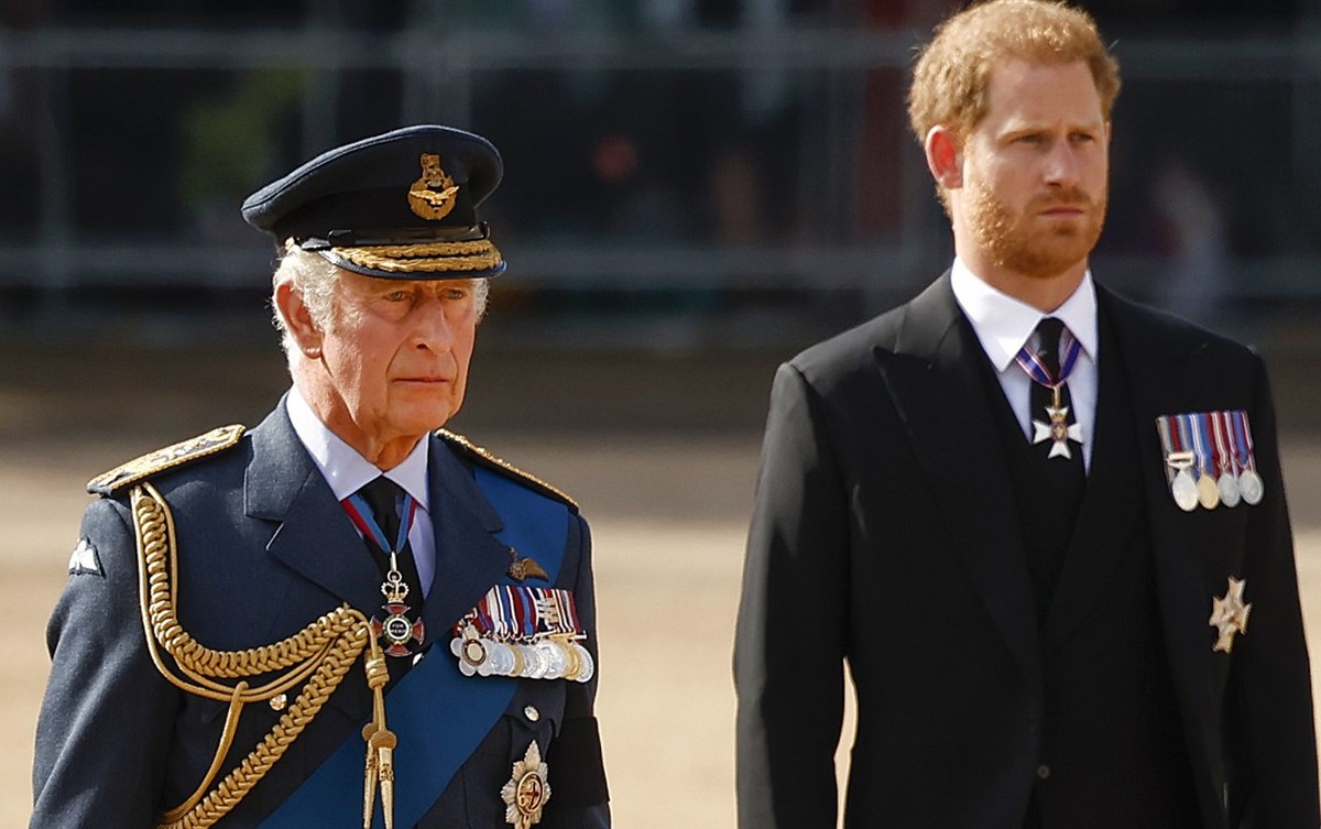LONDON, ENGLAND - SEPTEMBER 14: Prince William, Prince of Wales, King Charles III and Prince Harry, Duke of Sussex walk behind the coffin during the procession for the Lying-in State of Queen Elizabet ...