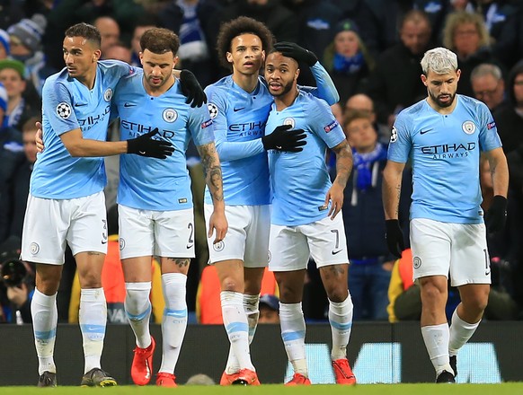 12th March 2019, Etihad Stadium, Manchester, England; UEFA Champions League football, round of 16, 2nd leg, Manchester City versus FC Schalke; Leroy Sane of Manchester City celebrates with his team ma ...