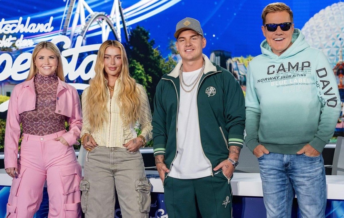 Rust, 25.04.2024: Erster Arbeitstag der Jury für die 21. Staffel von &quot;Deutschland sucht den Superstar&quot; im Europapark in Rust. (v.l.) Schlagersängerin Beatrice Egli, Rapperin Loredana, Sänger ...