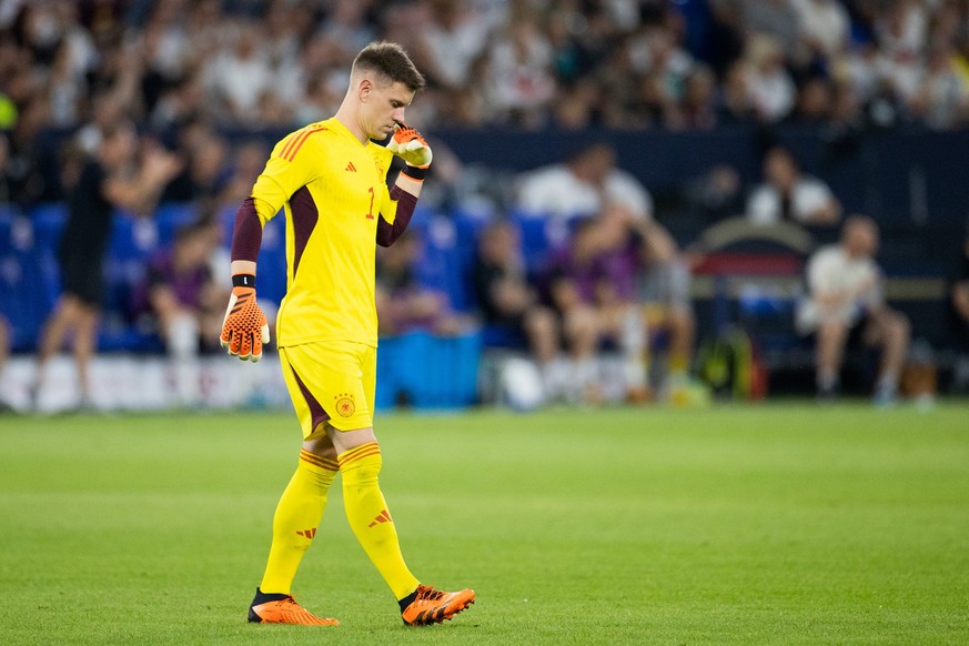 20.06.2023, Nordrhein-Westfalen, Gelsenkirchen: Fußball: Länderspiele, Deutschland - Kolumbien, Veltins Arena. Deutschlands Torwart Marc-Andre ter Stegen reagiert. WICHTIGER HINWEIS: Gemäß den Vorgabe ...