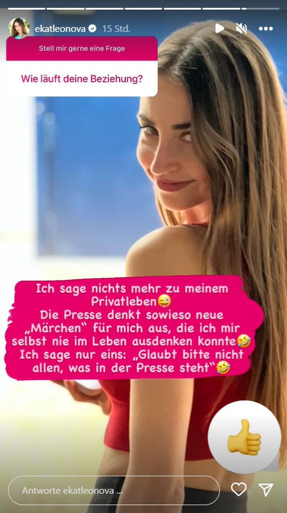 Ekaterina Leonova möchte sich nicht mehr zu ihrem Privatleben äußern.