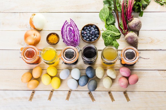 Easter eggs painted with natural egg dye from fruits and vegetables.