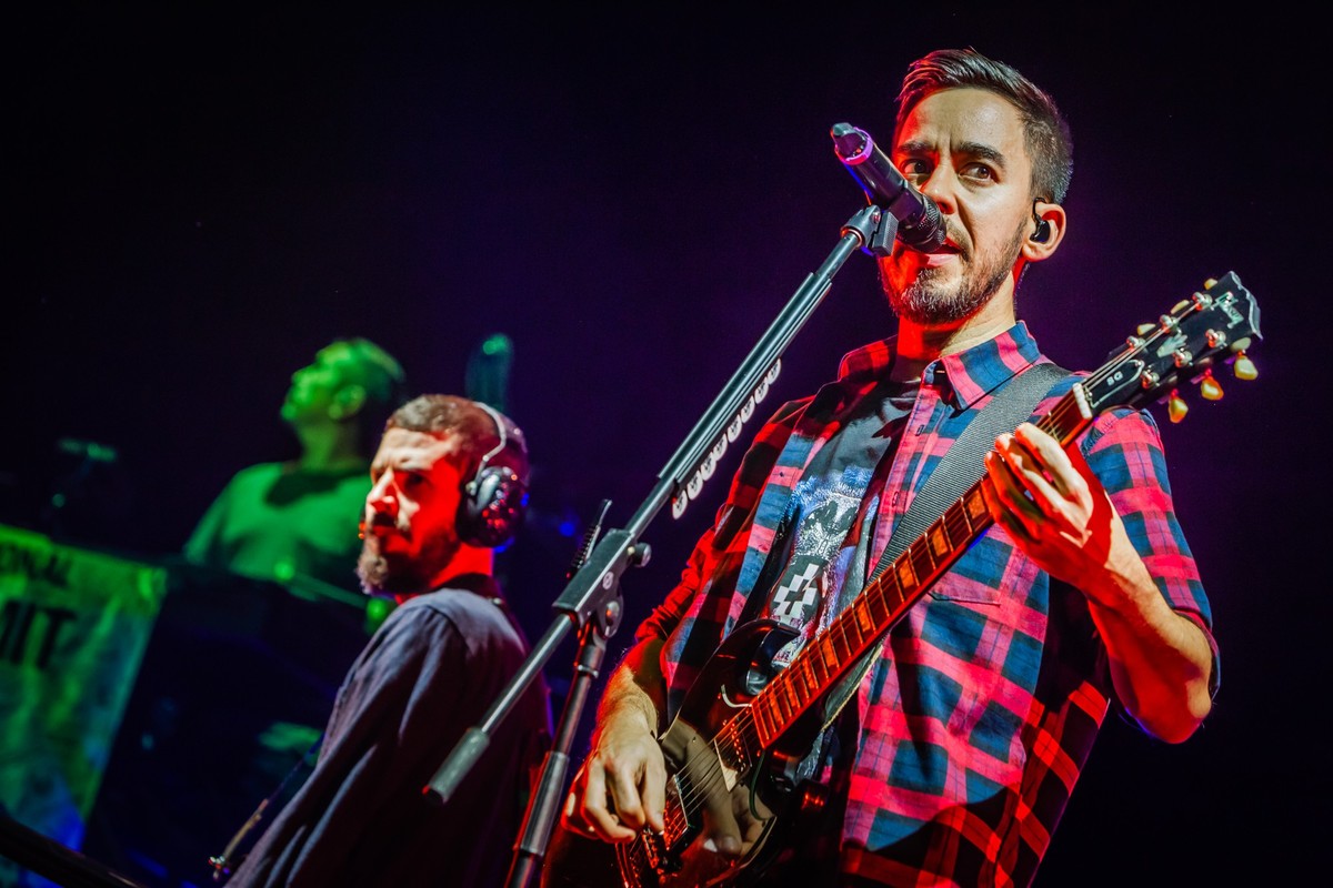 Linkin Park performing on stage during music festival