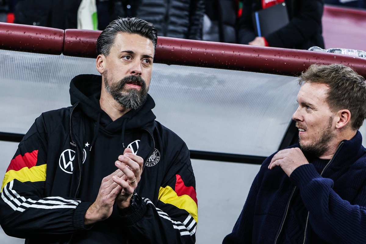 Fussball, UEFA Nations League Saison 2024/2025 Gruppe A3 - 6.Spieltag Ungarn - Deutschland 19.11.2024, Puskas Arena Budapest Sandro Wagner Assistenztrainer Deutschland Julian Nagelsmann Trainer Deutsc ...