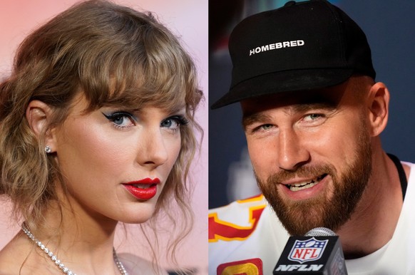 17.10.2023, USA, Scottsdale: Die Kombo zeigt die S�ngerin Taylor Swift bei der Weltpremiere ihres Konzertfilms &quot;Taylor Swift: The Eras Tour&quot; am 11.10.2023 und den�Football-Spieler Travis Kel ...