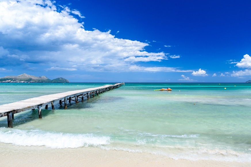 Pier at Playa Muro - Mallorca, balearic island of spain xkwx majorca, alcudia, dock, muro, spain, beach, de, bay, balearic, playa, mallorca, beautiful, blue, summer, sky, water, travel, landscape, sea ...