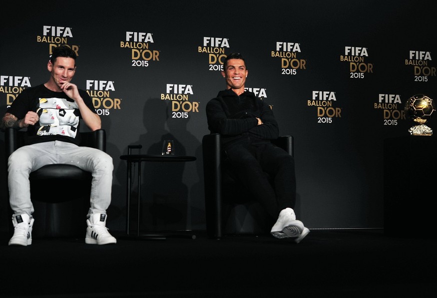 Jan. 11, 2016 - Zurich, Switzerland - The three finalists for the FIFA Ballon DOR 2015 (R-L) CRISTIANO RONALDO (Portugal) and LIONEL MESSI (Argentina) during the press conference PK Pressekonferenz at ...