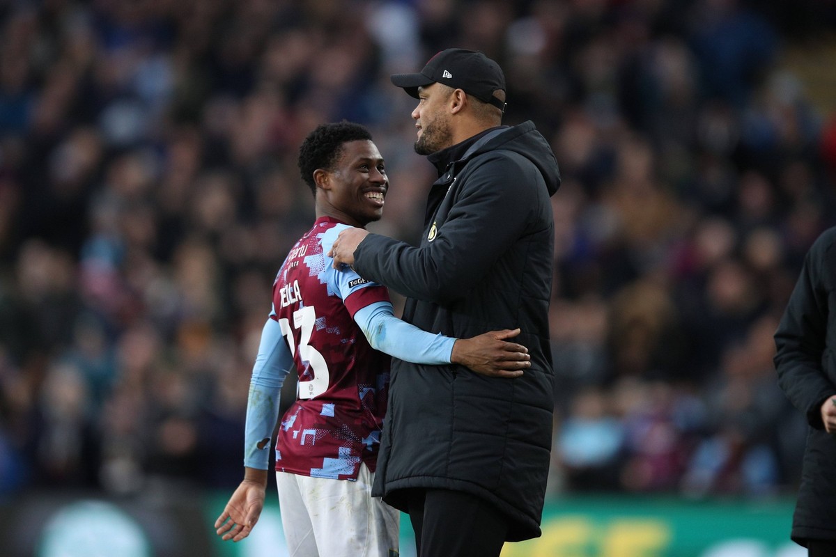 Burnley v Preston North End - Sky Bet Championship Nathan Tella of Burnley, hattrick hero, is congratulated by Vincent Kompany, Burnley manager, during the Sky Bet Championship match between Burnley a ...