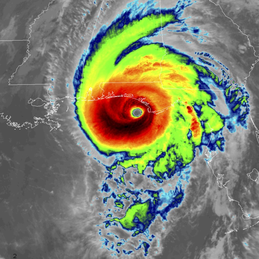 This infrared satellite image made available by NOAA shows Hurricane Michael approaching the Florida panhandle on Wednesday, Oct. 10, 2018 at 11:40 a.m. EDT. (NOAA via AP)