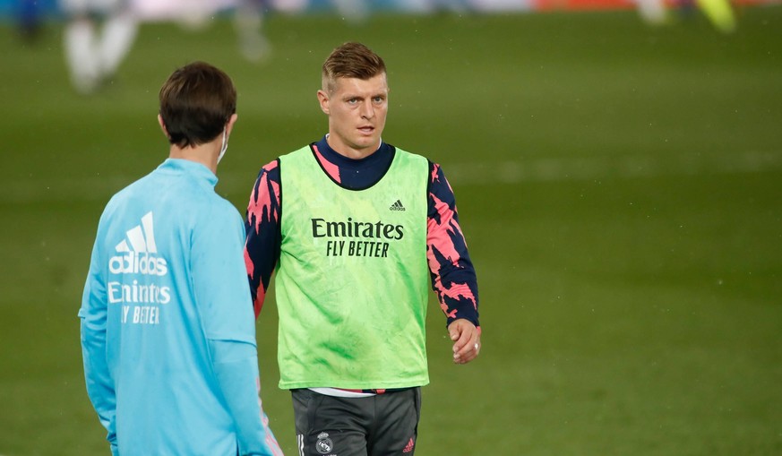 April 3, 2021, VALDEBEBAS, MADRID, SPAIN: Toni Kroos of Real Madrid warms up during the spanish league, La Liga, football match played between Real Madrid and SD Eibar at Alfredo Di Stefano stadium on ...