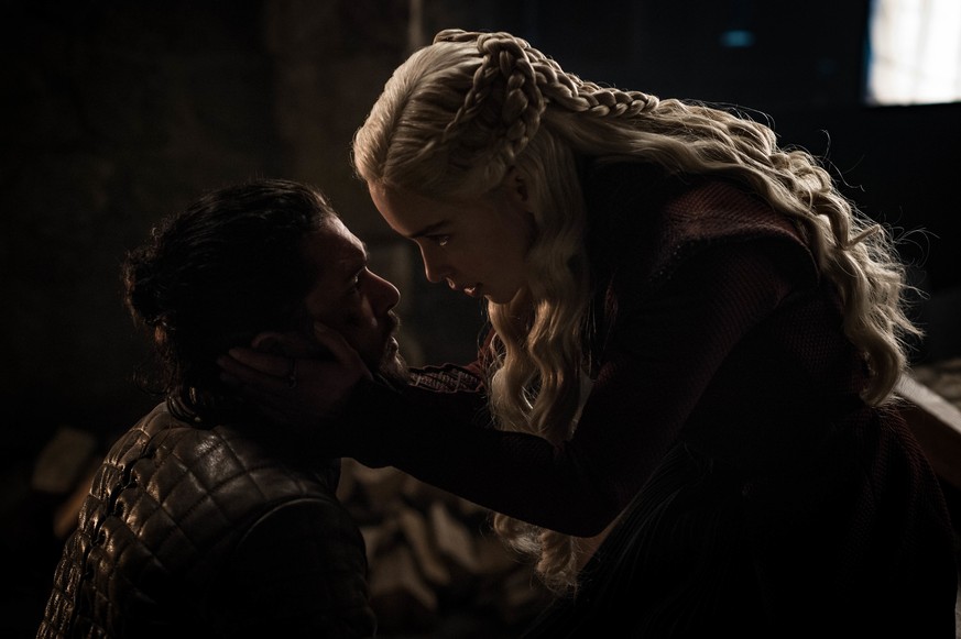 This image released by HBO shows Kit Harington, left, and Emilia Clarke in a scene from &quot;Game of Thrones,&quot; that aired Sunday, May 5, 2019. In the third to last episode of HBO’s “Game of Thro ...