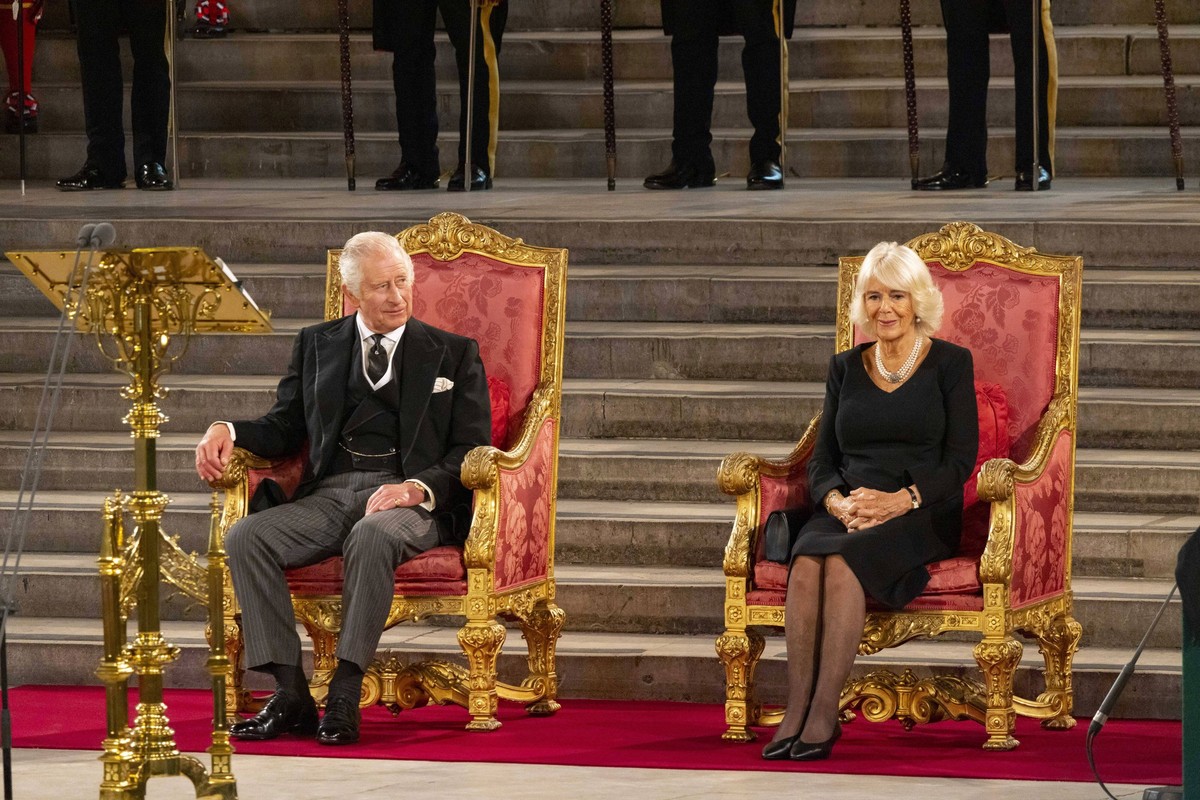 Britain s King Charles III and Britain s Camilla, Queen Consort attend the presentation of Addresses by both Houses of Parliament in Westminster Hall, inside the Palace of Westminster, central London ...