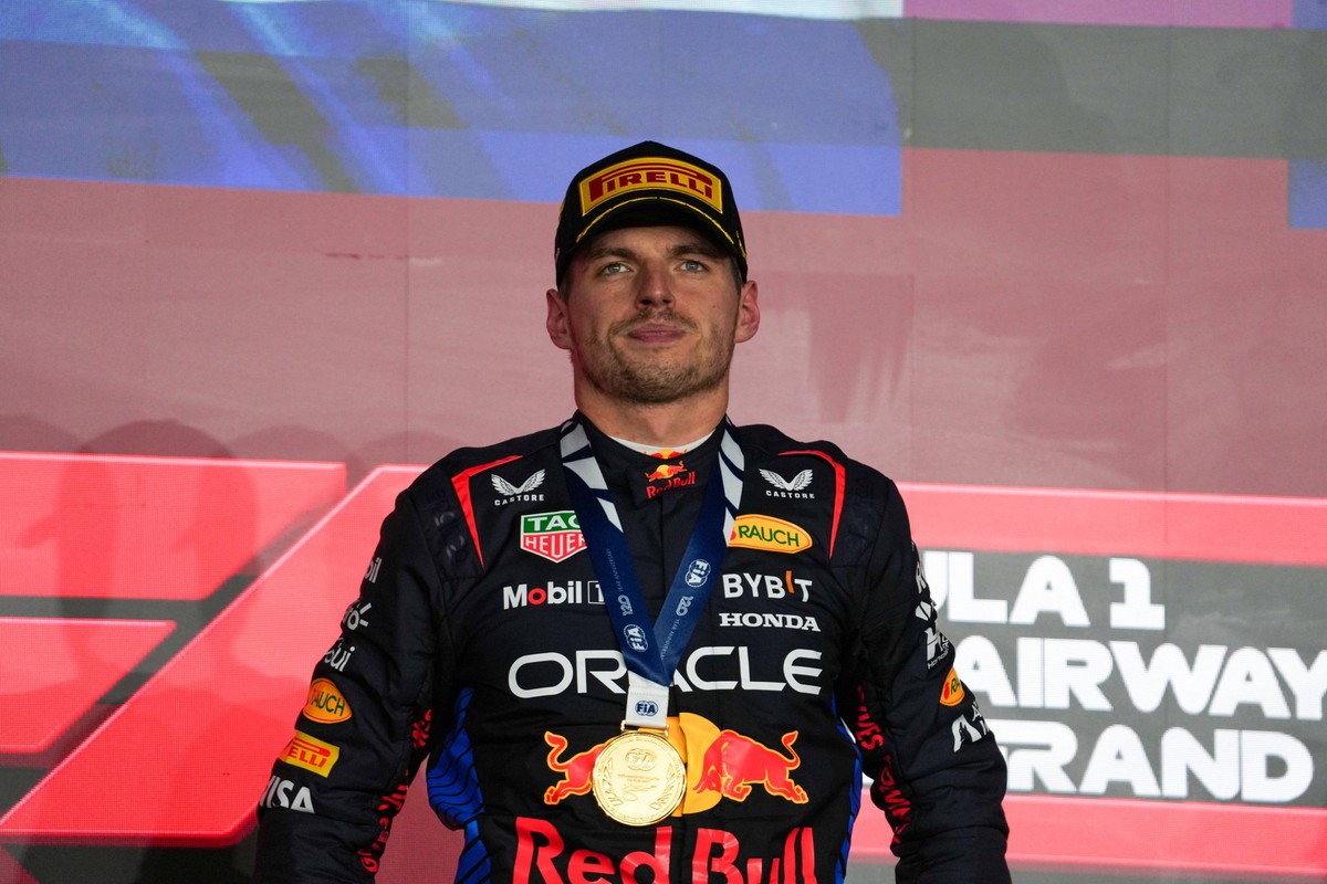 Podium with Max Verstappen NED - Oracle Red Bull Racing - Red Bull RB20 - Honda RBP Charles Leclerc MON - Scuderia Ferrari - Ferrari SF-24 - Ferrar Oscar Piastri AUS - McLaren Formula 1 Team - McLaren ...