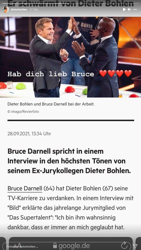 Dieter Bohlen macht eine klare Liebeserklärung an Bruce Darnell.
