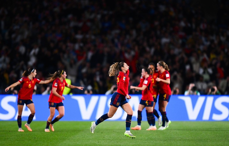 Mandatory Credit: Photo by Morgan Hancock/Shutterstock 14058837bv Olga Carmona of Spain celebrates scoring the opening goal 1-0 and reveals a slogan on the under shirt Spain Women v England Women, FIF ...