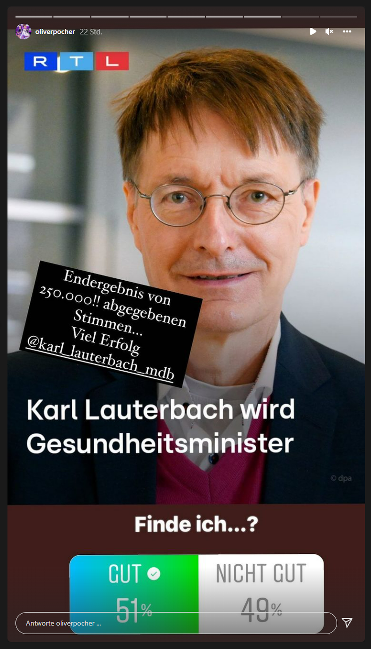 Oliver Pocher zeigte das Ergebnis einer Umfrage in seiner Story.