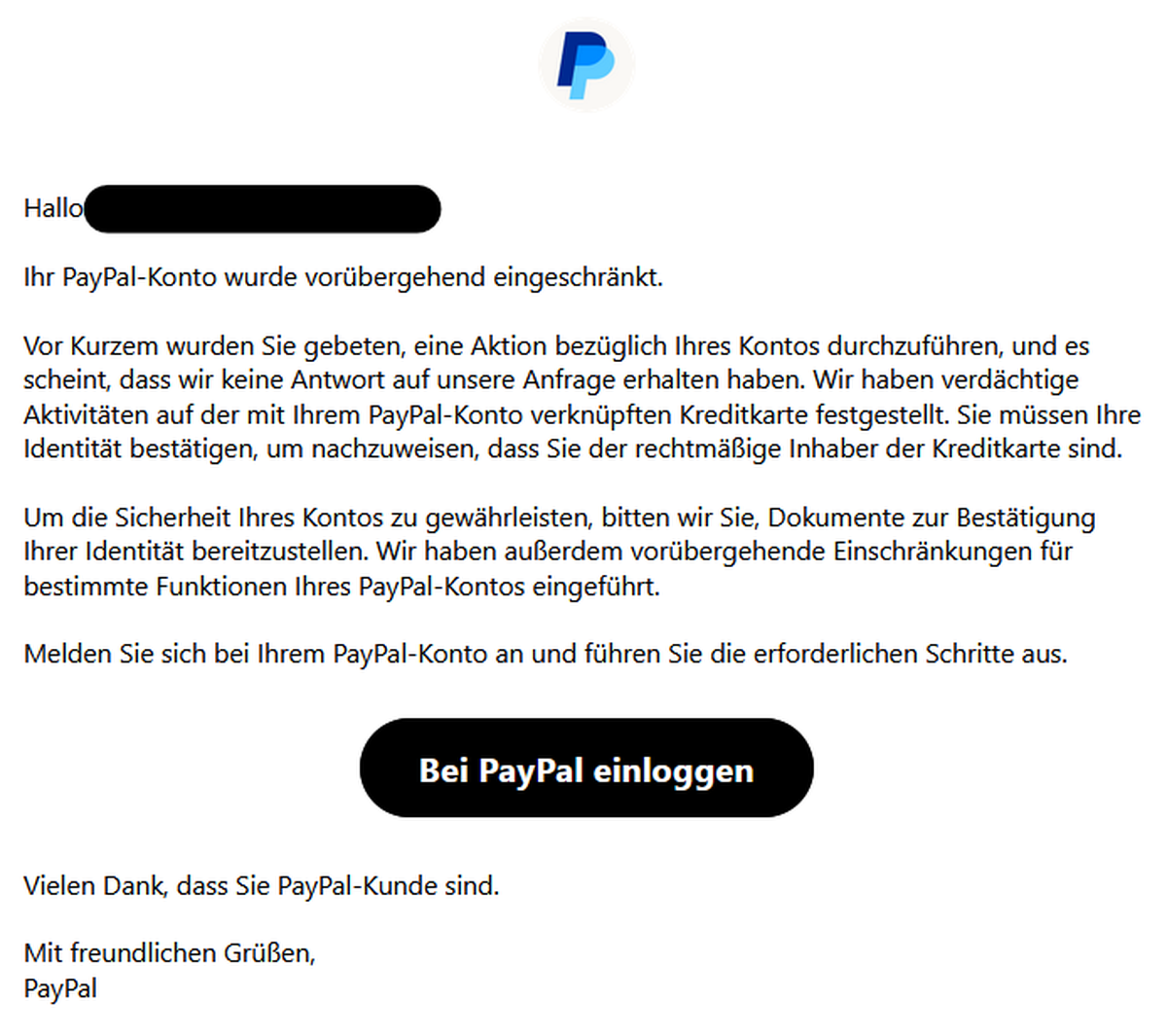 Vor dieser Mail an Paypal-Kunden warnt die Verbraucherzentrale.