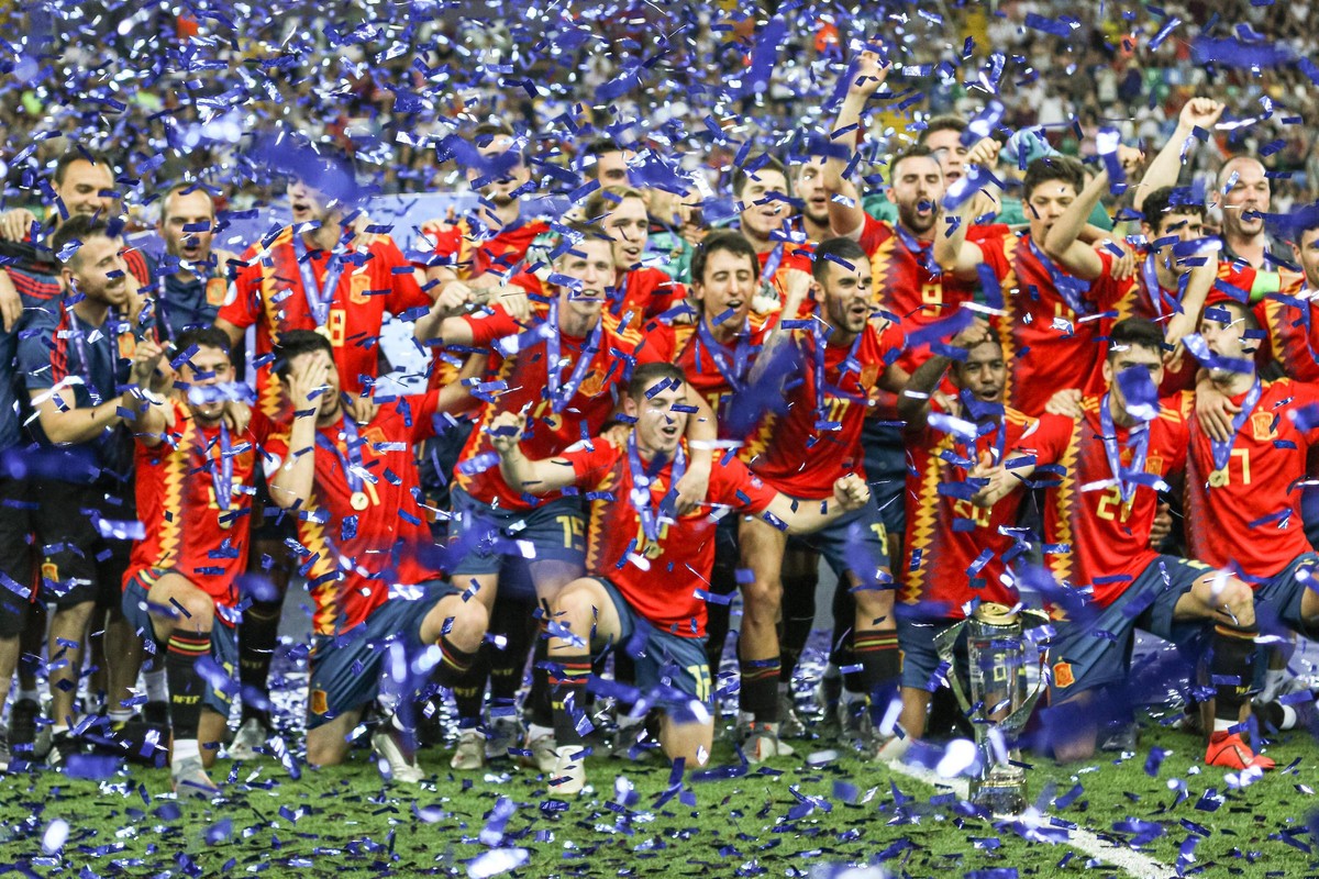 June 30, 2019 - Udine, Friuli, Italy - Spain U21, U 21 players during the UEFA UNDER21 Championship match between Spain and Germany at Friuli Stadium on June 30, 2019 in Udine, Italy. Spain V Germany  ...
