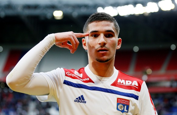 Soccer Football - Ligue 1 - Olympique Lyonnais v Montpellier - Groupama Stadium, Lyon, France - March 17, 2019 Lyon&#039;s Houssem Aouar celebrates scoring their third goal REUTERS/Emmanuel Foudrot