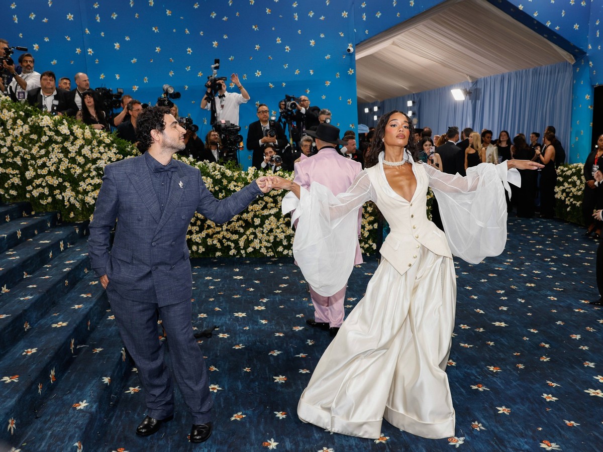 Laura Harrier and Zac Posen arrive on the red carpet at the 2025 Met Gala celebrating the opening of Superfine: Tailoring Black Style at The Metropolitan Museum of Art on Monday, May 5, 2025 in New Yo ...