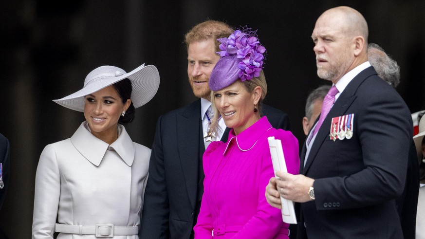 Prince Harry and Meghan, Duchess of Sussex, Zara Phillips and Mike Tindall leave at the St Pauls Cathedral in London, on June 03, 2022, after attended the Service for The National Service of Thanksgiv ...