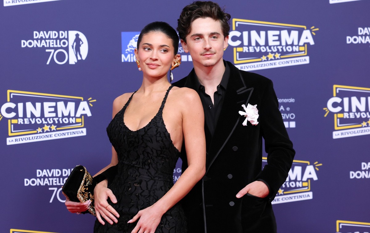 ROME, ITALY - MAY 07: Timothee Chalamet and Kylie Jenner attend the red carpet during the 70th David Di Donatello at Cinecitta Studios on May 07, 2025 in Rome, Italy. (Photo by Vittorio Zunino Celotto ...