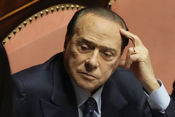 FILE - Forza Italia party leader Silvio Berlusconi at he Senate, in Rome, on Oct. 26, 2022. Former Italian Premier Silvio Berlusconi was hospitalized Wednesday, April 5, 2023, with apparent respirator ...