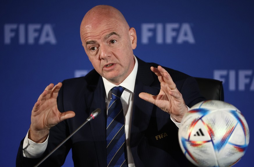 AUCKLAND, NEW ZEALAND - OCTOBER 22: FIFA President, Gianni Infantino speaks to the media during the FIFA Council press conference at the Park Hyatt on October 22, 2022 in Auckland, New Zealand. (Photo ...
