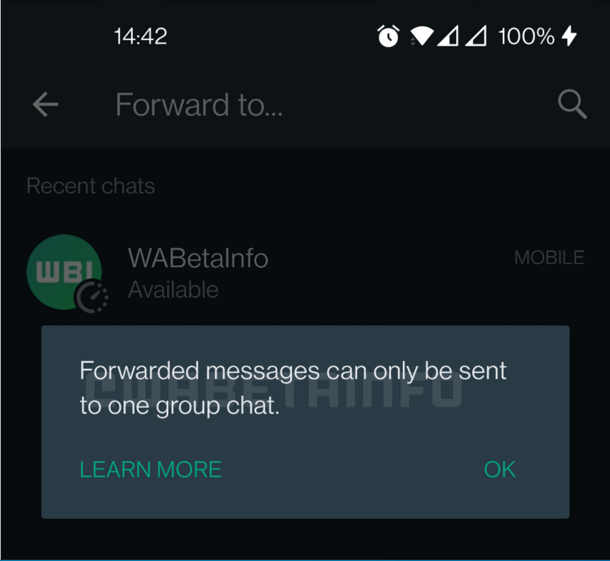 Nachrichten können nur noch an einen Gruppenchat geschickt werden.