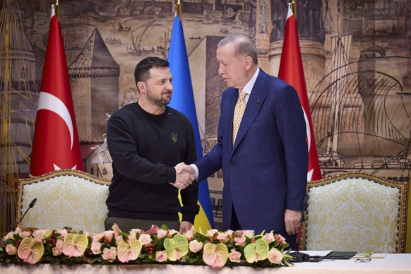 March 8, 2024, Istanbul, Turkey: Ukrainian President Volodymyr Zelenskyy, left, and Turkish Prime Minister Recep Tayyip Erdogan, right, shake hands following a joint press conference at Dolmabahce pal ...