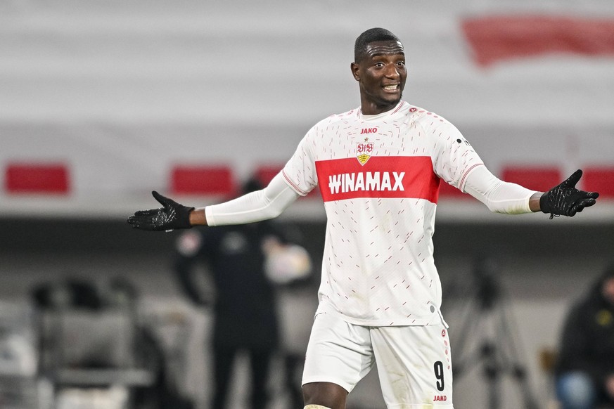 06.12.2023, Stuttgart, Germany, MHP Arena Stuttgart, VFB Stuttgart vs Borussia Dortmund - DFB Pokal Achtelfinale, Serhou Guirassy VfB Stuttgart gestikuliert, gestik Foto H. Langer DFB/DFL REGULATIONS  ...