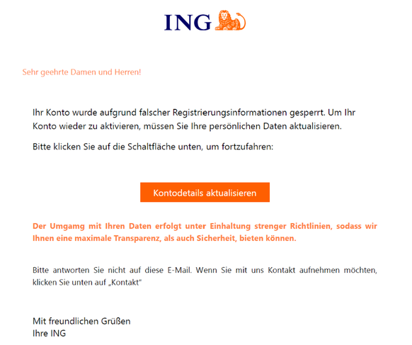 Die Verbraucherzentrale warnt die ING-Kundschaft vor dieser Phishing-Mail.