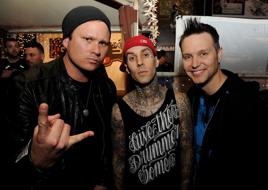 WEST HOLLYWOOD, CA - MAY 23: (L-R) Musicians Tom DeLonge, Travis Barker and Mark Hoppus of blink-182 pose at a press party of announce the 2011 Honda Civic Tour featuring blink-182 and My Chemical Rom ...