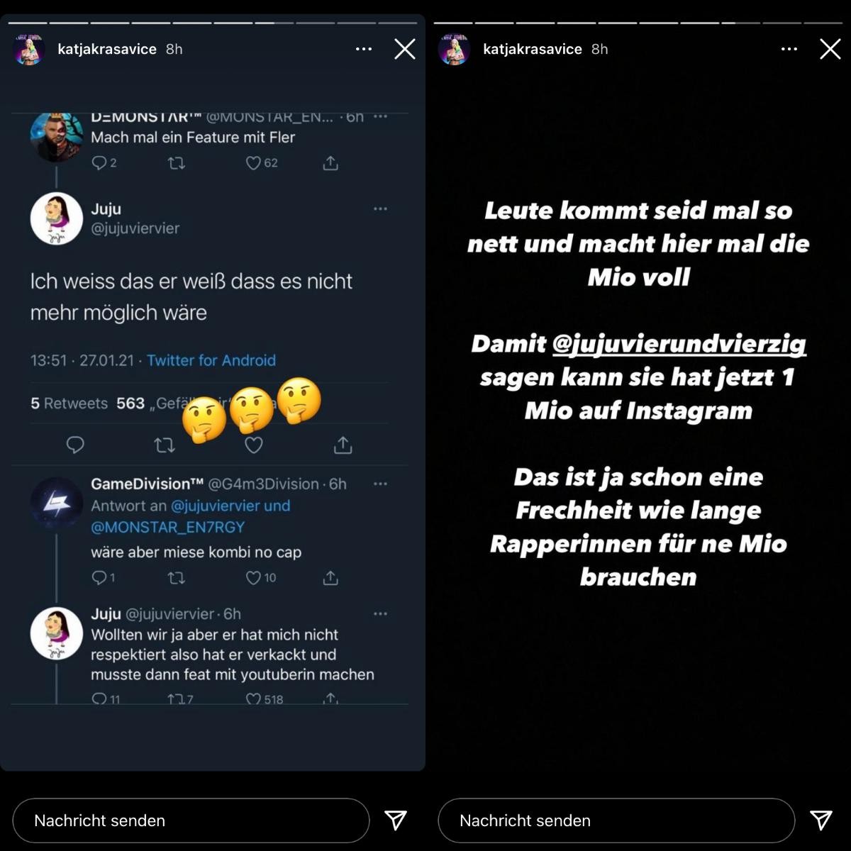 Katja Krasavice zeigte in ihrer Story ebenfalls den Tweet und schickte dann ihre persönliche Antwort hinterher.