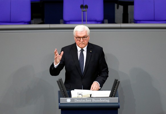 FILE PHOTO: German President Frank-Walter Steinmeier delivers a speech in the the Bundestag (lower house of parliament) in Berlin, Germany, January 29, 2020. REUTERS/Michele Tantussi/File Photo
