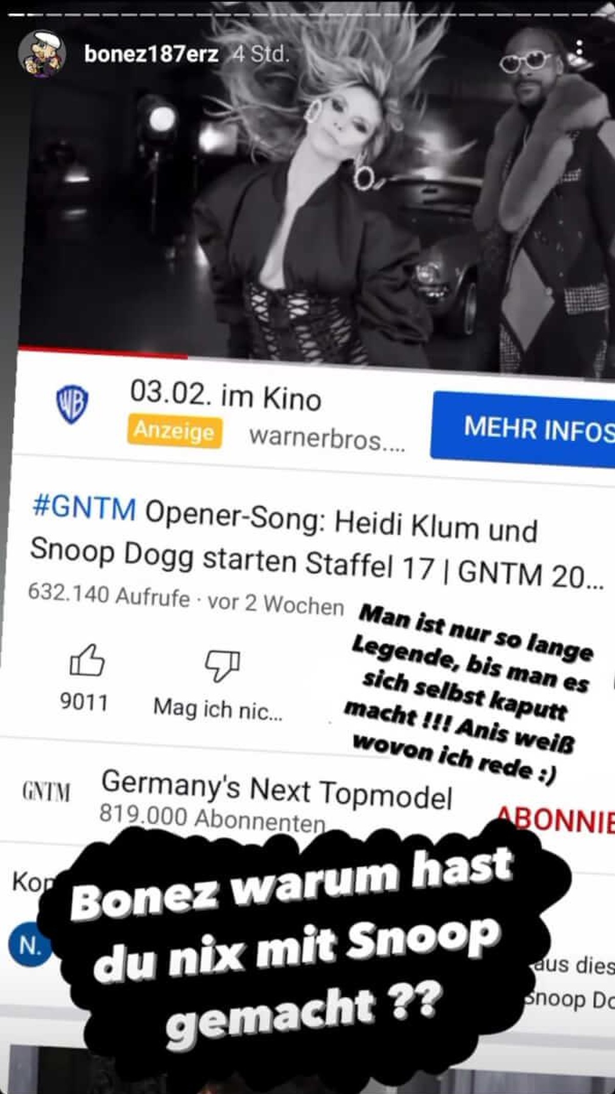 Bonez MC macht sich über Snoop Doggs Song mit Heidi Klum lustig.