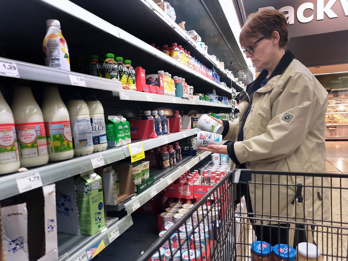 Einkauf in einem Supermarkt oder Discounter zu Zeiten von Inflation. Milch, Milchprodukte, Joghurt, Fruchtjoghurt, Milchpreis, Kaese, Vergleich, Preisvergleich, Milcherzeuger, Molkereien, Einkauf in Z ...