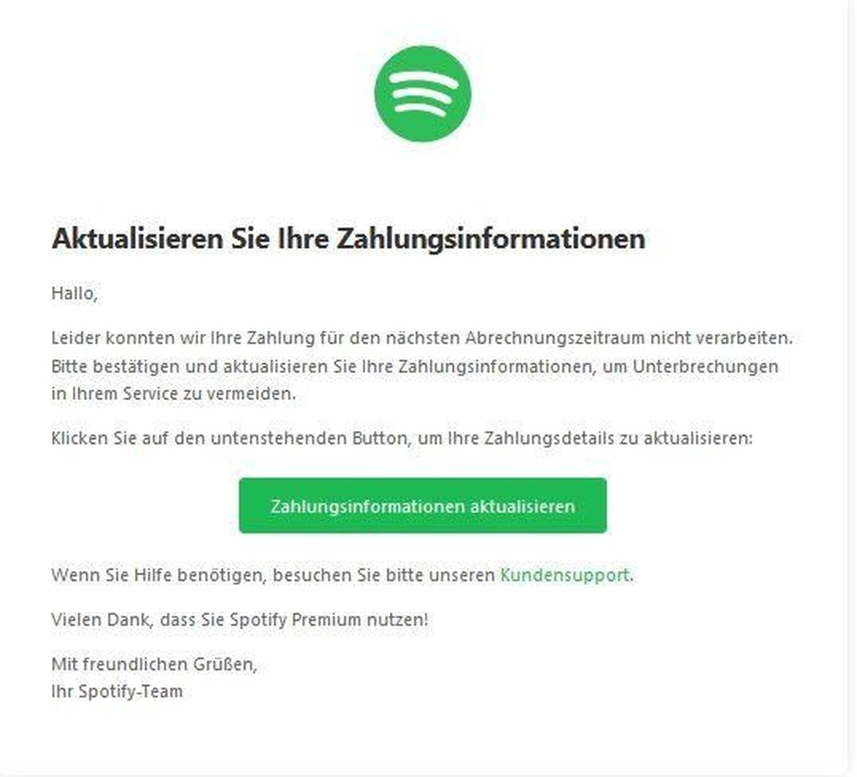 Die E-Mail fordert zur Aktualisierung von Zahlungsdaten auf.