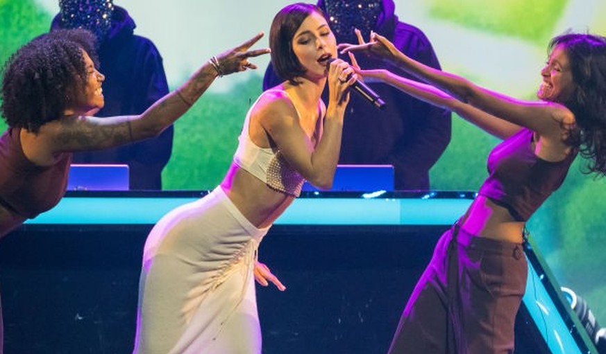 FRANKFURT AM MAIN, GERMANY - OCTOBER 09: German singer Lena Meyer-Landrut performs on stage during the UEFA Euro 2024 qualifying group stage draw at Messe Frankfurt on October 09, 2022 in Frankfurt am ...