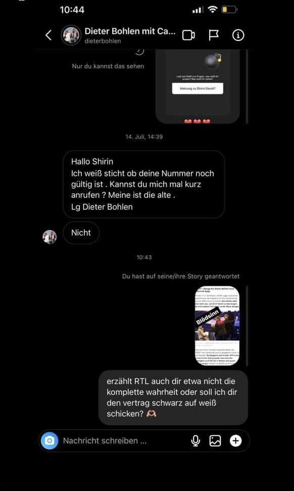 Shirin David reagierte auf Instagram auf Dieter Bohlens Behauptung, ihre Absage wegen der Gage sei "Blödsinn".