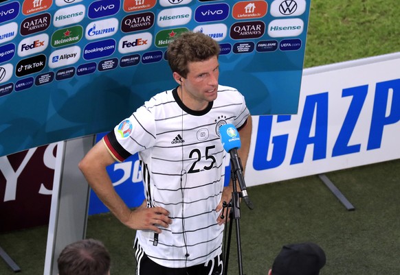 MUELLER Thomas Team Deutschland nach dem Spiel beim TV Interview UEFA Fussball Europameisterschaften 2020 Vorrunden Spiel Portugal - Deutschland 2 : 4 am 19.Juni 2021 in Muenchen DFL REGULATIONS PROHI ...