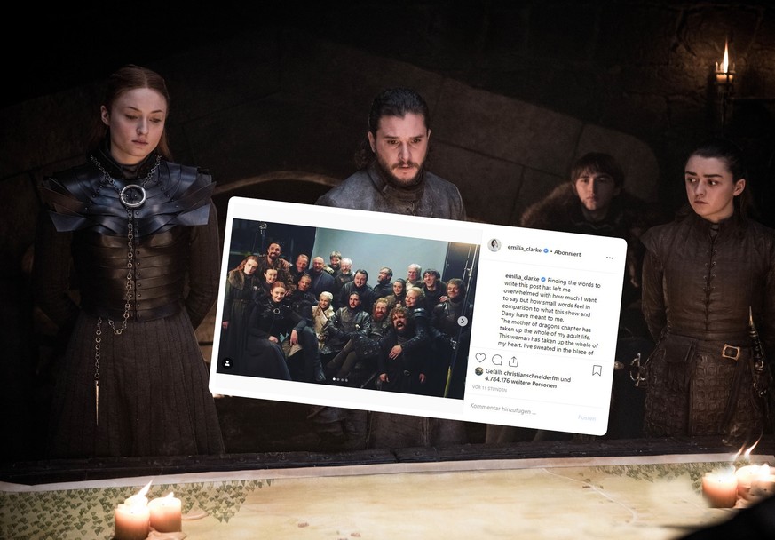 This image released by HBO shows from left, Sophie Turner, Kit Harington, Isaac Hempstead Wright, and Maisie Williams in a scene from &quot;Game of Thrones,&quot; that aired Sunday, April 21, 2019. Wi ...