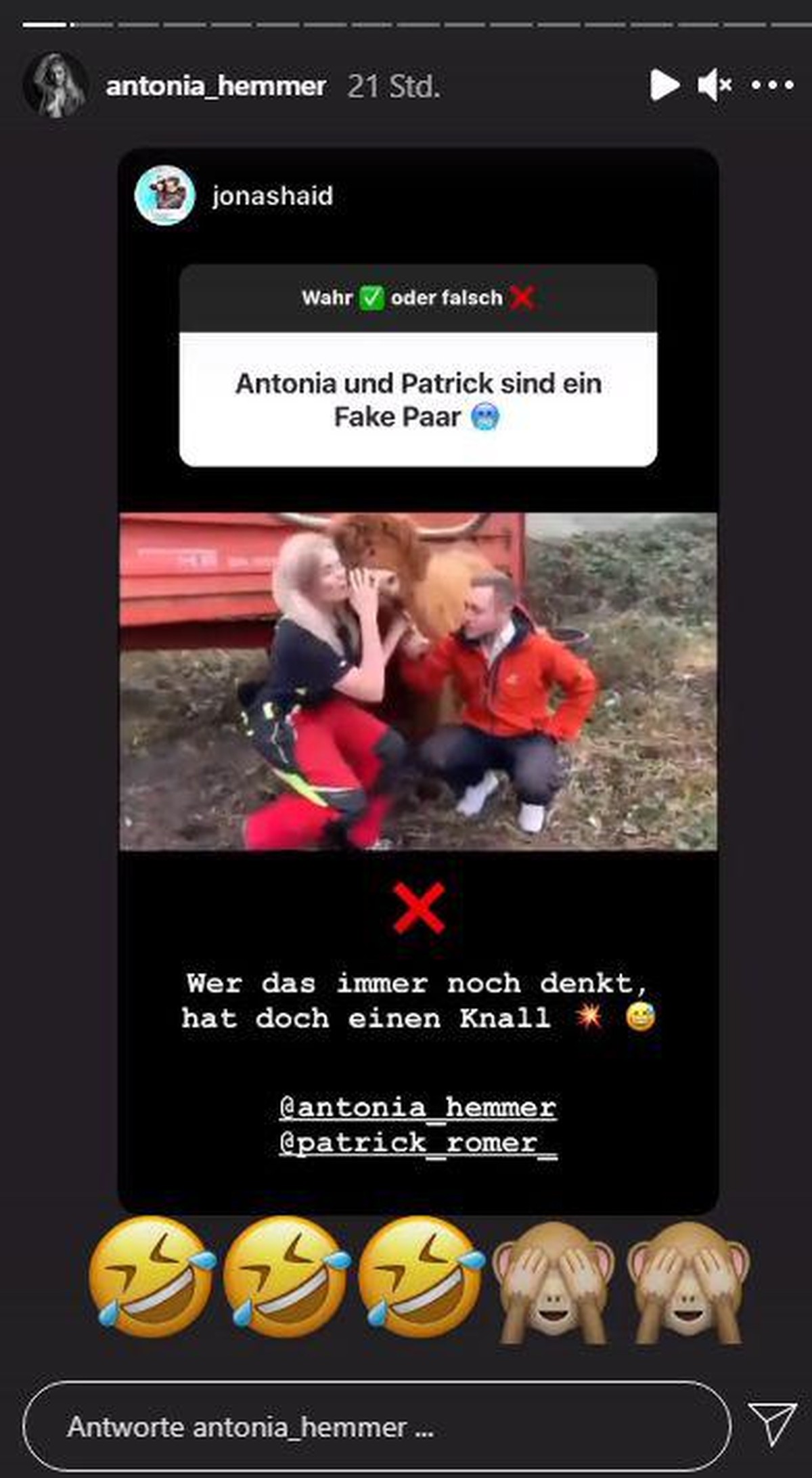 Antonia bestreitet, dass die Beziehung zwischen Patrick und ihr nur gefaket ist.