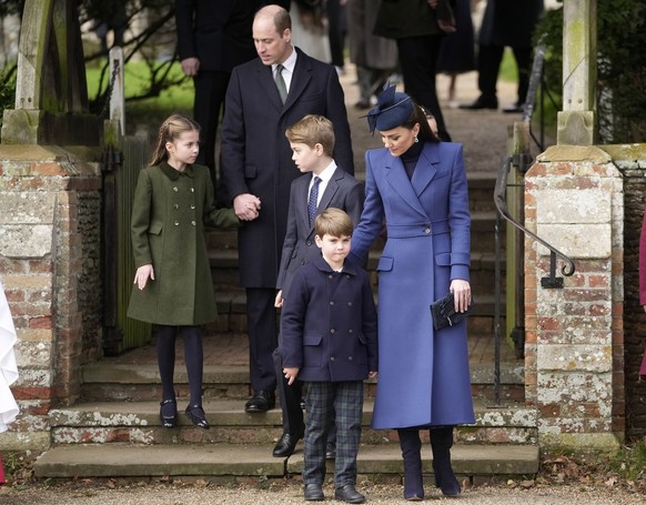 Britain&#039;s Kate, the Princess of Wales, from right, Prince Louis, Prince George, Prince William and Princess Charlotte leave after attending the Christmas day service at St Mary Magdalene Church i ...