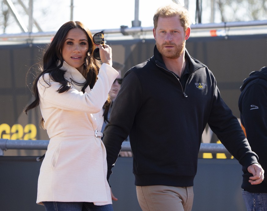Prince Harry and Meghan Markle, Duke and Duchess of Sussex visit the track and field event at the Invictus Games in The Hague, Netherlands, Sunday, April 17, 2022. The week-long games for active servi ...