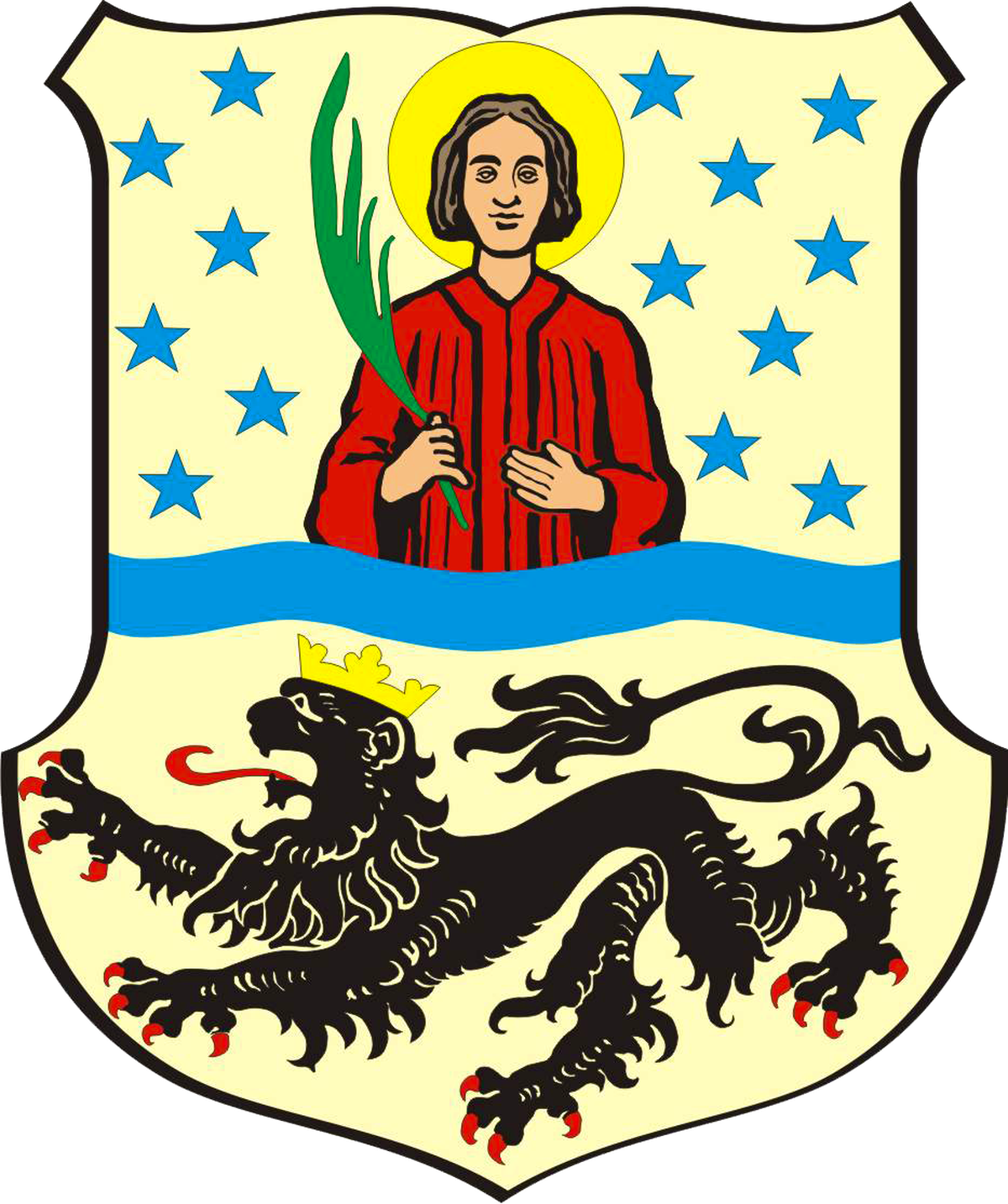 Das alte Stadtwappen von Mönchengladbach. Es zeigt den Heiligen Vitus, den Patron der Benediktinerabtei und damit der Stadt. Der Löwe ist das Wappentier der Herren von Jülich, die die Siedlung Gladbac ...