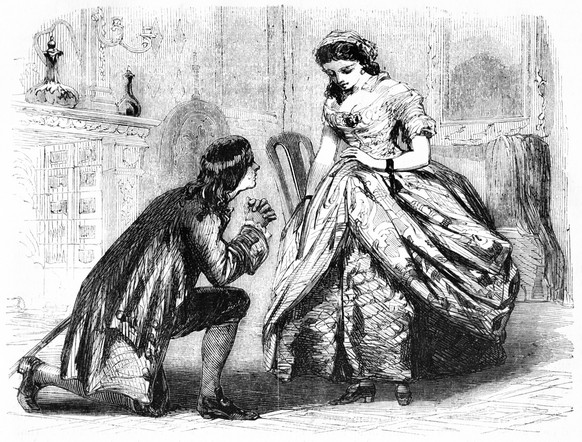 A man is down on one knee and begging. The woman looks at her hand where the engagement ring will be if she accepts. Wood Block Engravings published in 1860. Original edition is from my own archives.  ...