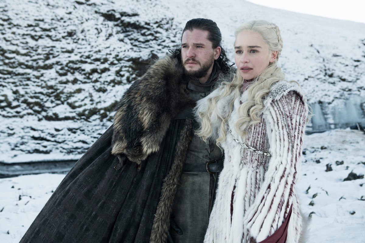 This photo released by HBO shows Kit Harington as Jon Snow, left, and Emilia Clarke as Daenerys Targaryen in a scene from "Game of Thrones," which premiered its eighth season on Sunday. (HBO ...