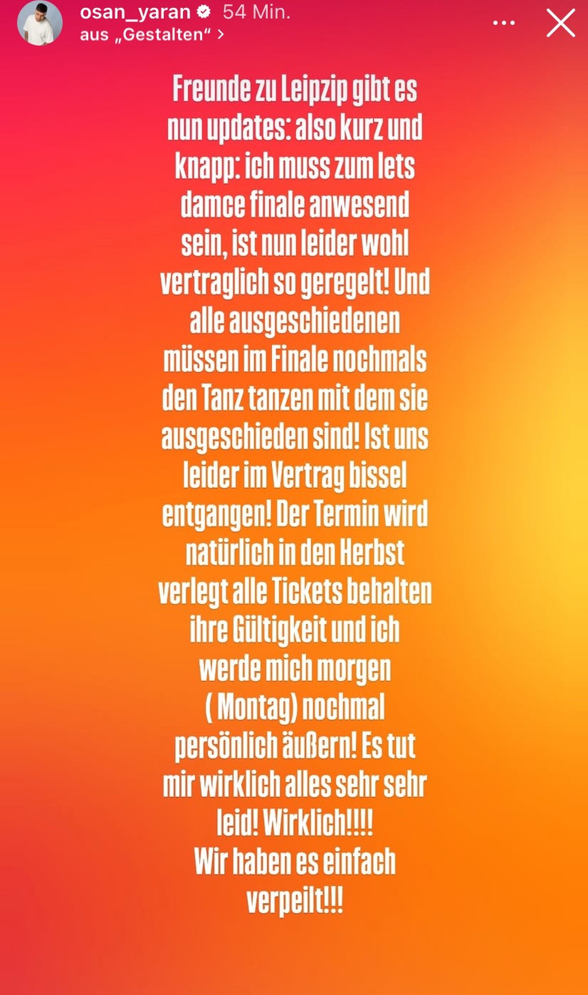 Osan Yaran muss einen Tour-Auftritt wegen "Let's Dance" absagen.